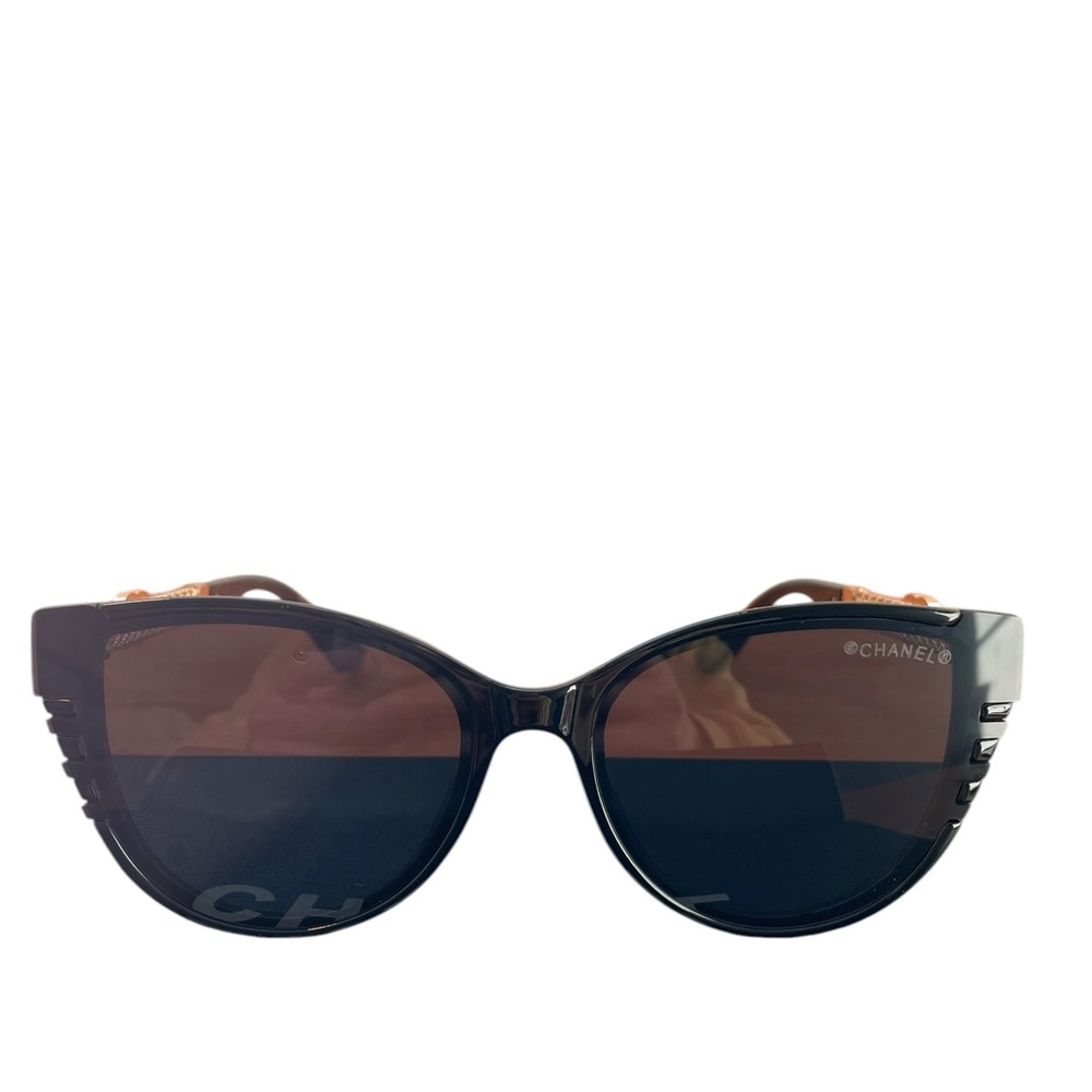 Authentic CHANEL Black Cat-Eye Sunglasses with Gold-Tone Detail